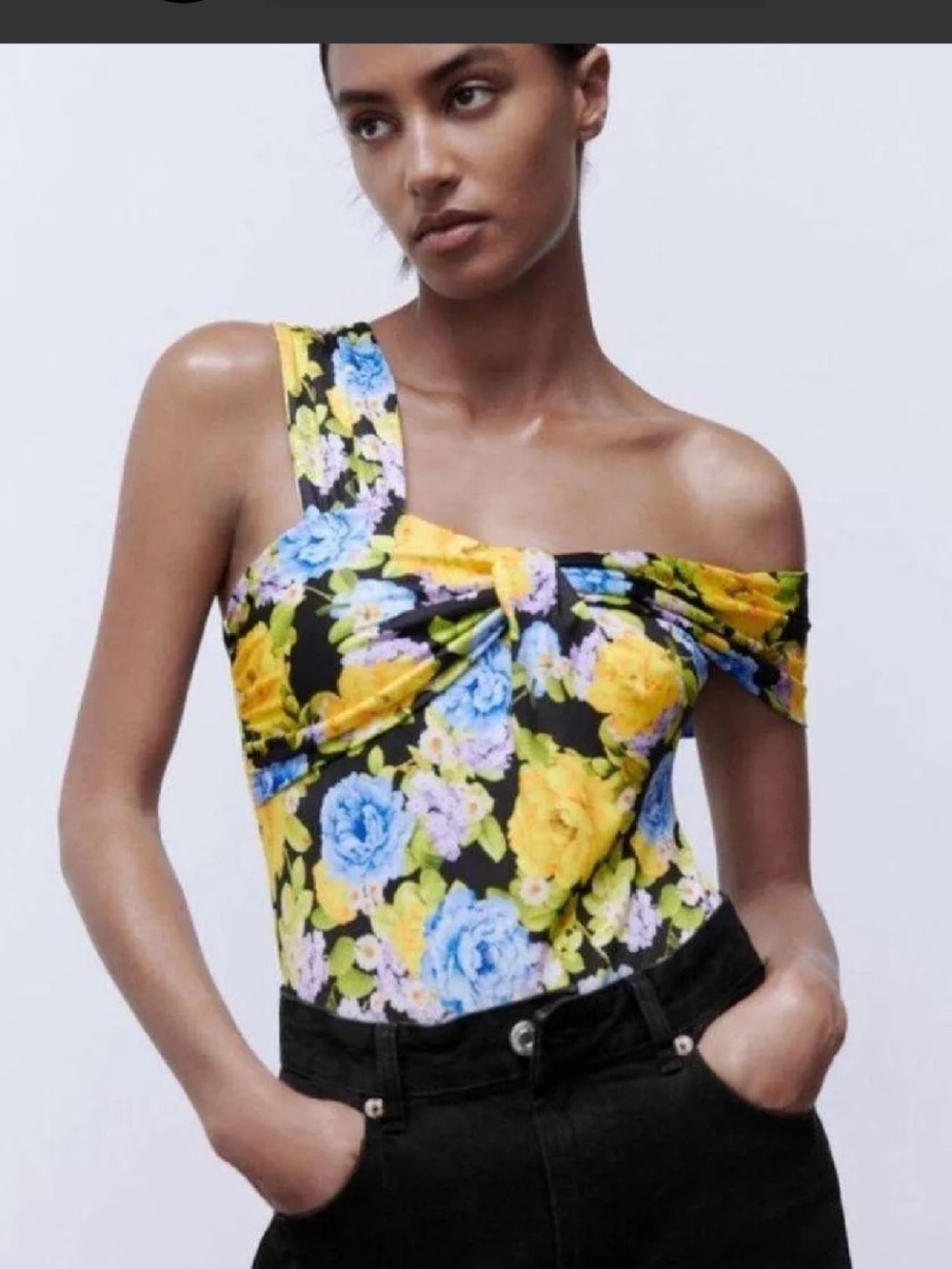 NWT ZARA Floral One-Shoulder Twist Top in Yellow & Blue. Size Small